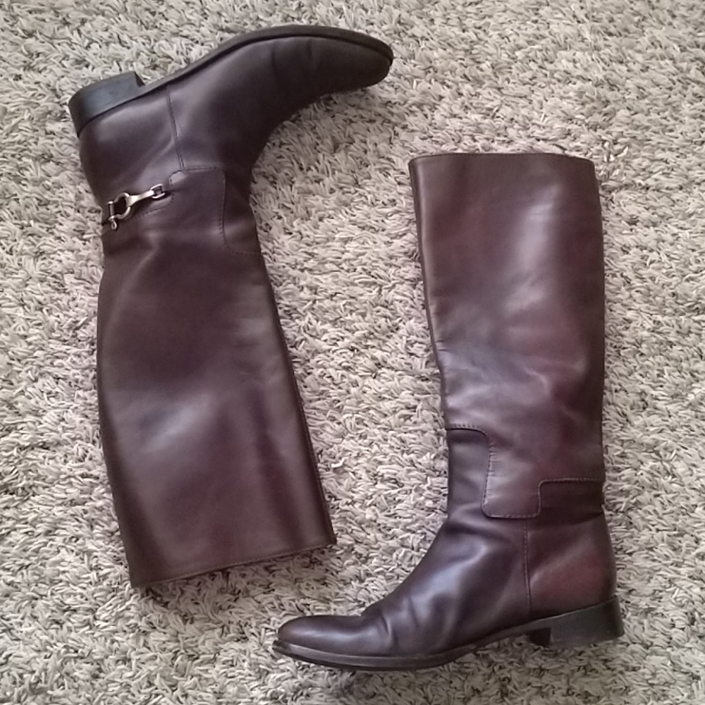 Burberry Riding Boots Brown Leather Horse Bit Knee - Picture 1 of 8